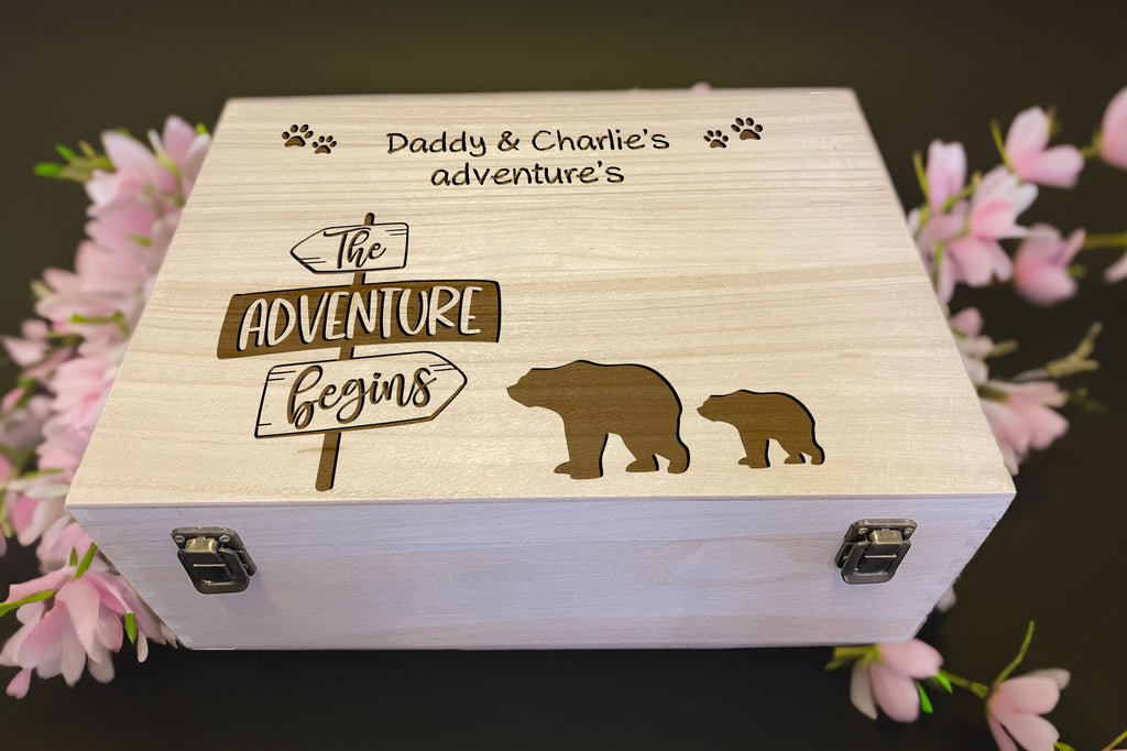 Personalised Adventures Wooden Keepsake Box, Engraved Memory Box