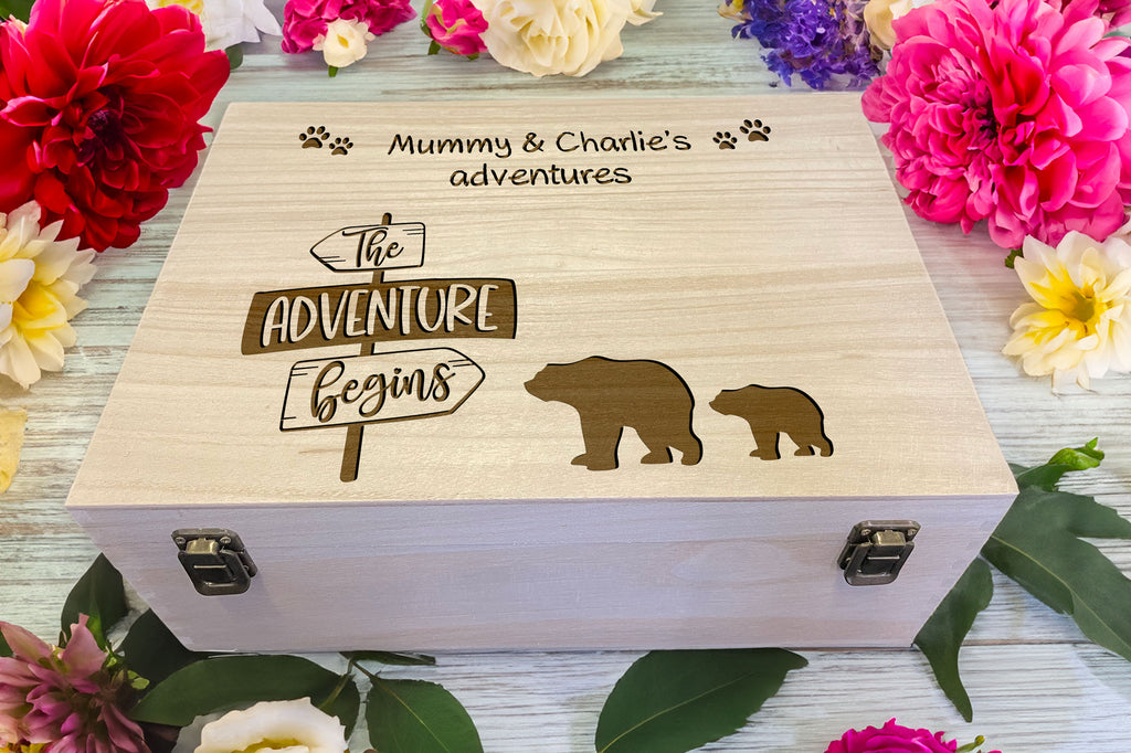 Personalised Adventures Wooden Keepsake Box, Engraved Memory Box